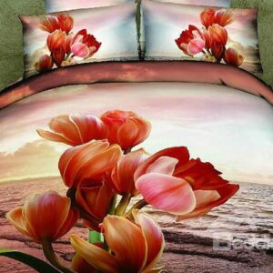 3D 100% Cotton Sunset Flower 4 Piece Bedding Sets/Duvet Cover Sets