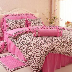 New Arrival Comfortable Leopard Print Pink Princess Style 4 Piece Bed Skirt Bedding Sets