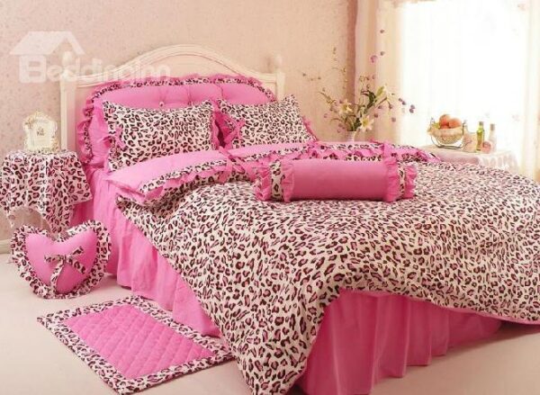 New Arrival Comfortable Leopard Print Pink Princess Style 4 Piece Bed Skirt Bedding Sets
