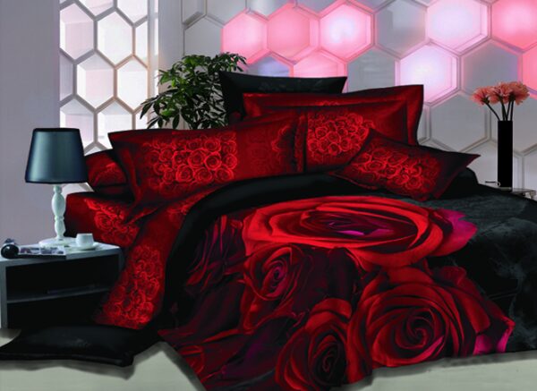 New Arrival Bright Red Rose Printed 4 Piece Bedding Sets