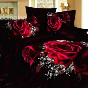 Luxury Rose and White Flower Print 4-Piece Duvet Cover Sets