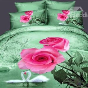 New Arrival Pretty Pink Rose with Elegant Swan 4 Piece Bedding Sets/Duvet Cover Sets