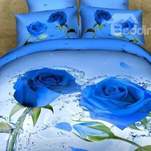 New Arrival Luxury Blue Roses Print 4 Piece Bedding Sets