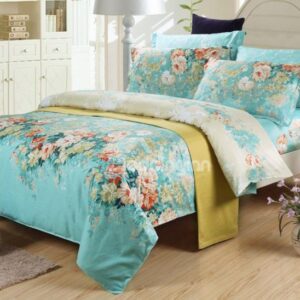 High Quality Retro Blue 4 Piece Colorful Blooming Flowers Bedding Sets