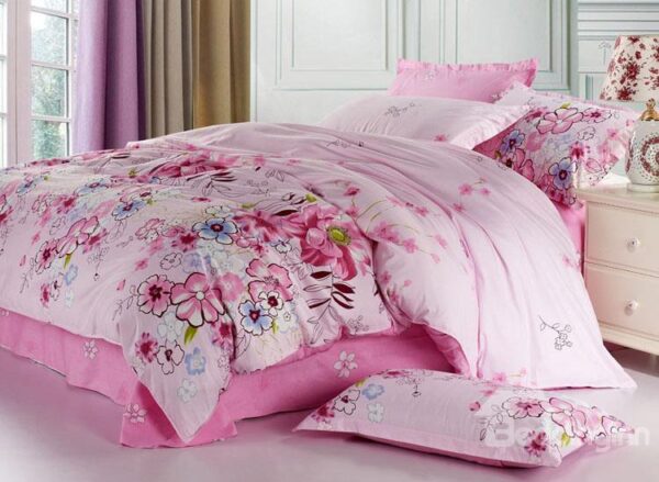 Best Selling 4 Piece Romantic Pink Floral Printed Bedding Sets