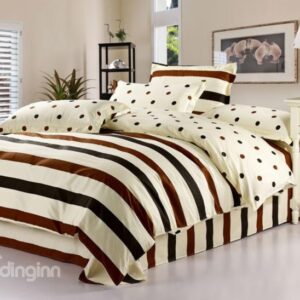 Classic Brown Black Stripe and Dots Beige 4 Piece Bedding Sets