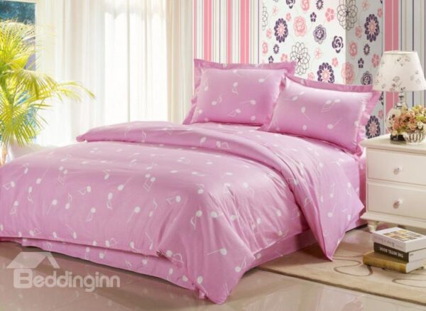 Sweet 100% Cotton Music Note Print Pink 4 Piece Bedding Sets