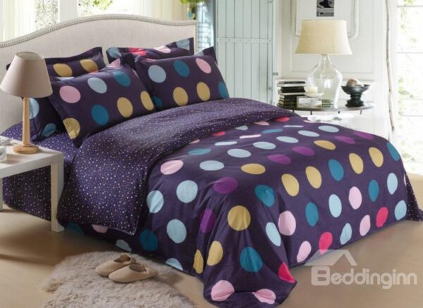 100% Cotton Colorful Dots Print Purple 4 Piece Bedding Sets