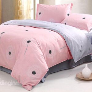 Elegant Dandelion Print Pink and Grey 4 Piece Bedding Sets