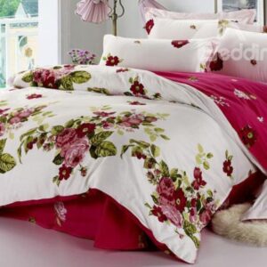 Elegant Wine Red Peony With Green Leaves 4 Piece Bedding Sets