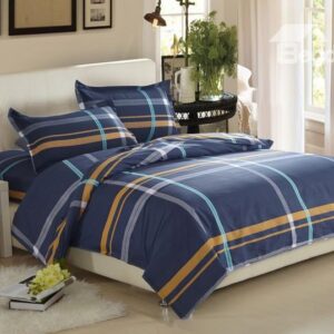 Gentle Stripe Print Dark Blue 100% Cotton 4 Piece Bedding Sets