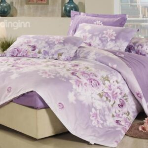 Sweet Rose and Lily Blossom 4 Piece Purple Fitted Sheet Pattern Bedding Set