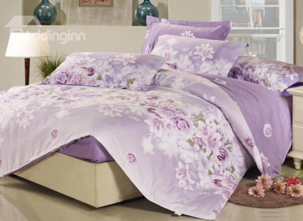 Sweet Rose and Lily Blossom 4 Piece Purple Fitted Sheet Pattern Bedding Set