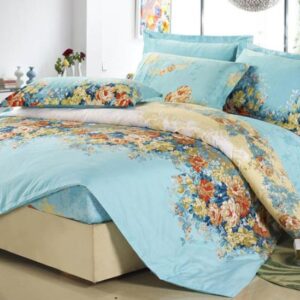 High Quality Retro Green 4 Piece Colorful Blooming Flowers Fitted Sheet