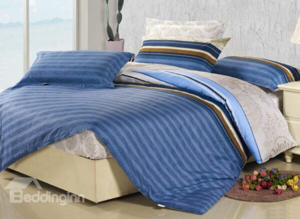 New Arrival 4 Piece Elegant 100% Cotton Stripe Style Fitted Sheet Bedding sets