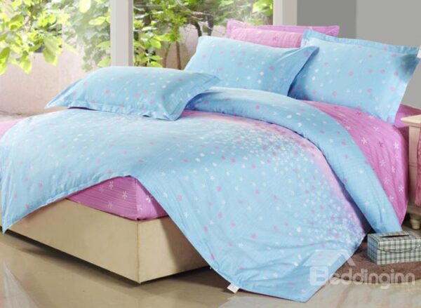 Lovely Light Pink and Blue 4 Piece Floral Active Print Fitted Sheet Bedding sets