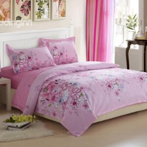 Best Selling 4 Piece Romantic Pink Floral Printed Fitted Sheet Bedding sets