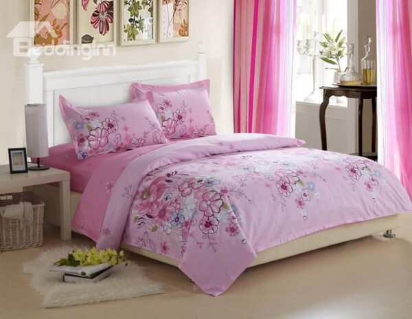 Best Selling 4 Piece Romantic Pink Floral Printed Fitted Sheet Bedding sets