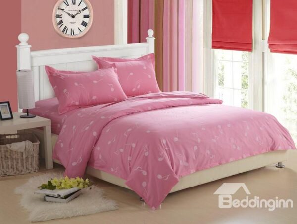 Sweet 100% Cotton Music Note Print Pink 4 Piece Fitted Sheet Bedding sets