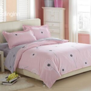 Elegant Dandelion Print Pink and Grey 4 Piece Fitted Sheet Bedding sets