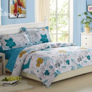 Fashionable Scrawl Print 100% Cotton 4 Piece Fitted Sheet Bedding sets