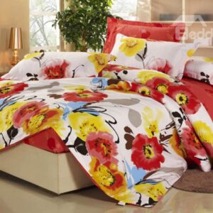 Gorgeous Chinese Style Flower Print 4 Piece Fitted Sheet Bedding sets
