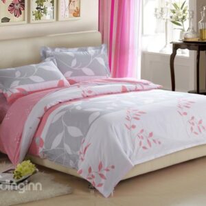 Fantastic White and Pink with Graceful Leaves 4 Piece Discount Bedding sets With Fitted Sheet