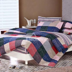 England Style with Plaid and Stripe 4 Piece Discount Bedding sets With Fitted Sheet