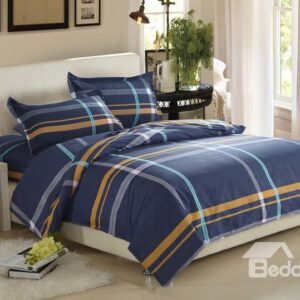Gentle Stripe Print Dark Blue 100% Cotton 4 Piece Discount Bedding sets With Fitted Sheet