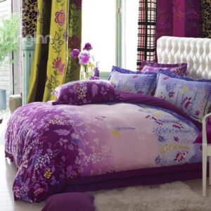 Splendid Flower Print Purple Comfortable Sandedcloth Material 4 Piece Bedding Sets