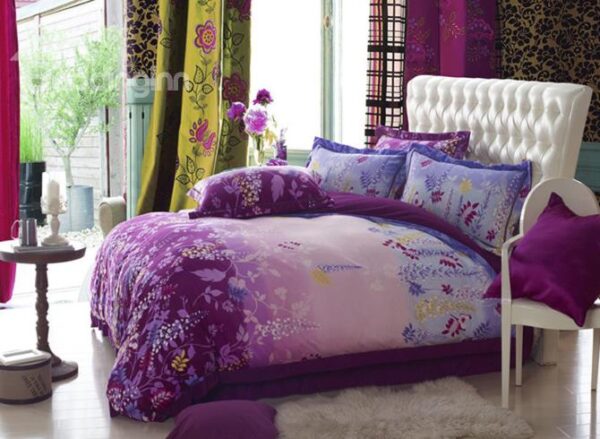 Splendid Flower Print Purple Comfortable Sandedcloth Material 4 Piece Bedding Sets