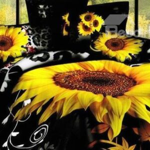 New Arrival 100% Cotton Black Sunflower 4 Piece Bedspreads and Duvet Cover Sets