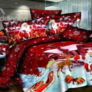 High Quality Christmas Gift 100% Cotton Happy Red Christmas 4 Piece Duvet Cover Sets