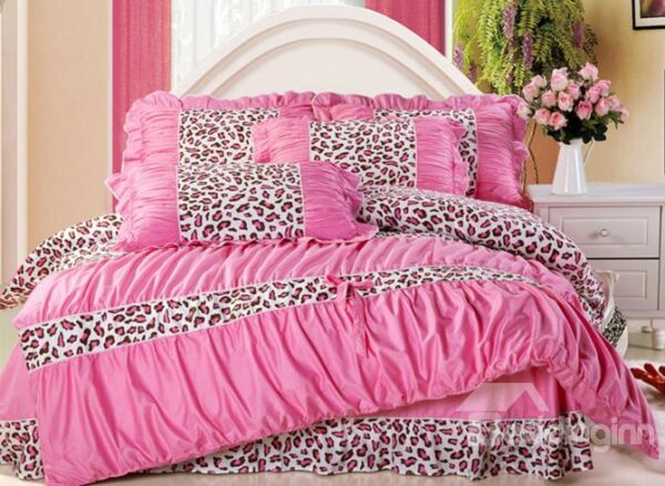 Best Selling Leopard Print with Lace Pink 4 Piece Cotton Bedding Sets