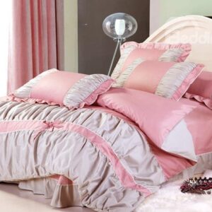 Dot Bowknot Lace Edge 4 Piece Pink and Grey Cotton Bedding Sets