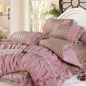 High Quality Checked Dot Bowknot Lace Edge 4 Piece Cotton Bedding Sets
