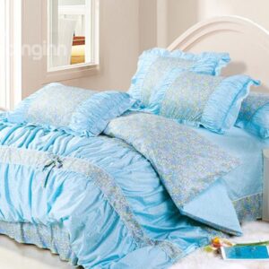 Pastoral Floral Bowknot Lace Edge Blue 4 Piece Cotton Bedding Sets
