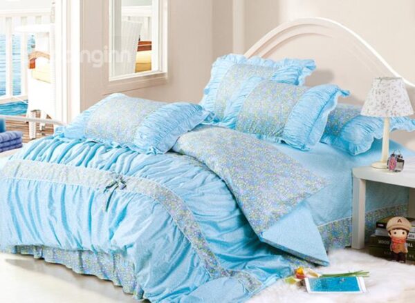 Pastoral Floral Bowknot Lace Edge Blue 4 Piece Cotton Bedding Sets
