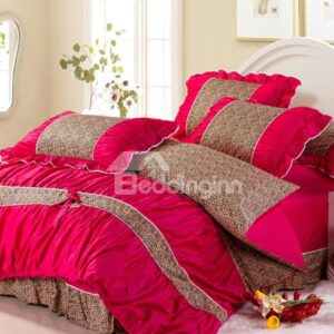 100% Cotton Leopard Red and Coffee with Lace 4 Piece Duvet Cover Sets