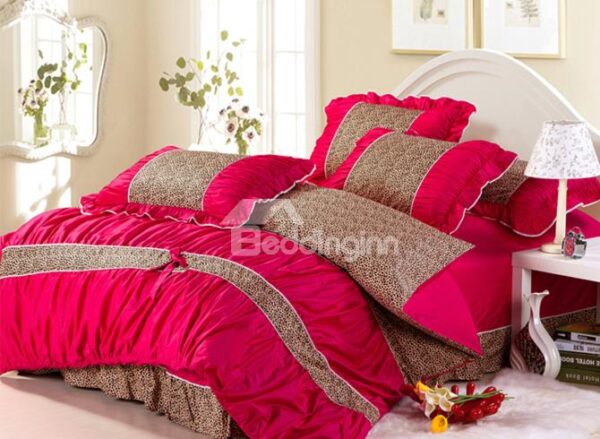 100% Cotton Leopard Red and Coffee with Lace 4 Piece Duvet Cover Sets
