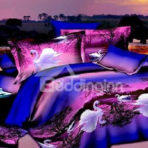 New Arrival 100% Cotton White Swan on Swan Lake Print Purple 4-Piece Bedding Sets/Duvet Cover Sets