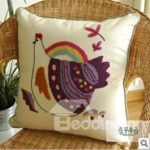 New Arrival Hand Embroidery Linen Cotton Fabric Rainbow Chicken Pillowcase