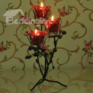 Romantic Wrought Iron Rose Candle Holder with three Glass Heads