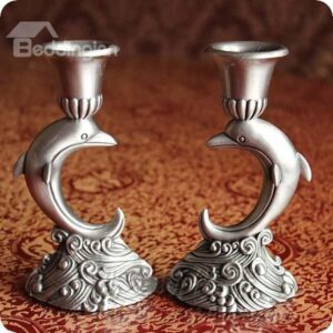 Archaistic Alloy Dolphin-shape Relief Sculpture a Couple of Candle Holder