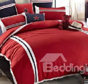 High Quality England Style Simple Pentacle Print Red 4 Piece Bedding Sets