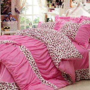 New Arrival 100% Cotton Korean Style Princess Lace Pink Leopard 4 Piece Bedding Sets/Duvet Cover Sets