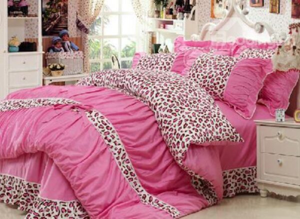 New Arrival 100% Cotton Korean Style Princess Lace Pink Leopard 4 Piece Bedding Sets/Duvet Cover Sets