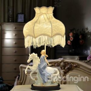 Elegant Ceramic Pretty Girl in White Horse Lace Table Lamp