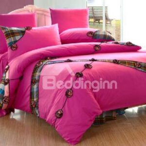 New Arrival 100% Cotton Princess Style Embroidered Beautiful Lace Fuchsia 6 Piece Bedding Sets