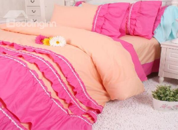 New Arrival Pastoral Style Lace Falbala Pink 4 Piece Bedding Sets /Duvet Cover Sets
